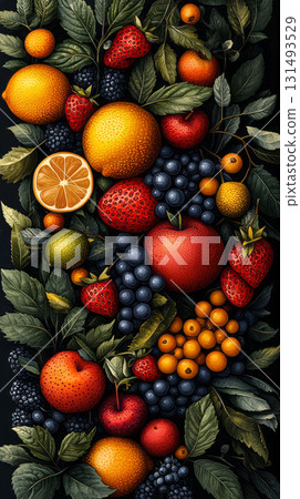 Illustration of fruit harvest, apples, grapes, berries, pears. AI generative 131493529