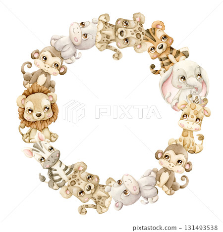 Cute Animals Wreath. Safari Jungle Tropical Exotic Watercolor hand painted summer pastel neutral isolated illustration on white background lion giraffe for nursery kids baby shower card logo label 131493538
