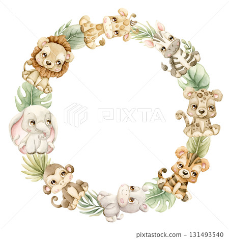 Cute Animals Plants Wreath. Safari Jungle Tropical Exotic leaves Watercolor hand painted summer pastel neutral isolated illustration on white background for nursery kids baby shower card logo label 131493540