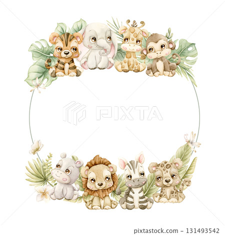 Cute Animals Plants Wreath. Safari Jungle Tropical Exotic leaves Watercolor hand painted summer pastel neutral isolated illustration on white background for nursery kids baby shower card logo label Cute Animals Plants Wreath. Safari Jungle Tropical Exotic leaves Watercolor hand painted summer pastel neutral isolated illustration on white background for nursery kids baby shower card logo label 131493542
