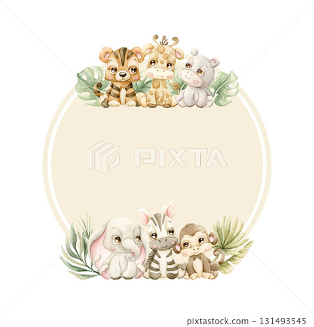 Cute Animals Plants Wreath. Safari Jungle Tropical Exotic leaves Watercolor hand painted summer pastel neutral isolated illustration on white background for nursery kids baby shower card logo label 131493545