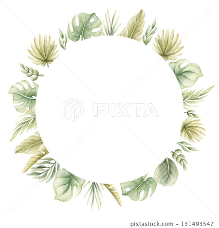 Monstera Palm Leaves Branches Tropical Exotic green plants wreath. Watercolor hand painted summer pastel neutral isolated illustration on white background for nursery kids baby card logo label 131493547