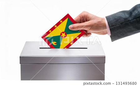 手持選票和帶有格林納達國旗的投票箱。選舉。 131493680