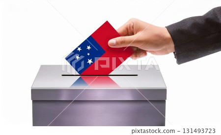 Hand voting ballot and ballot box with Samoa flag. Election. 131493723