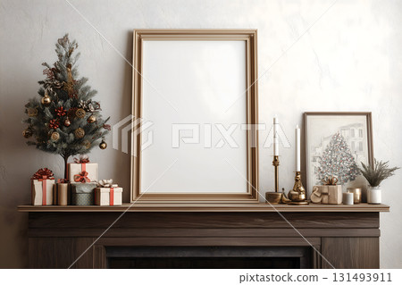 White framed picture sits on a mantle next to a Christmas tree 131493911