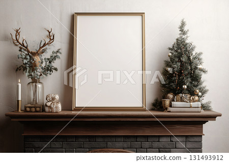 White framed picture sits on a mantle next to a Christmas tree 131493912