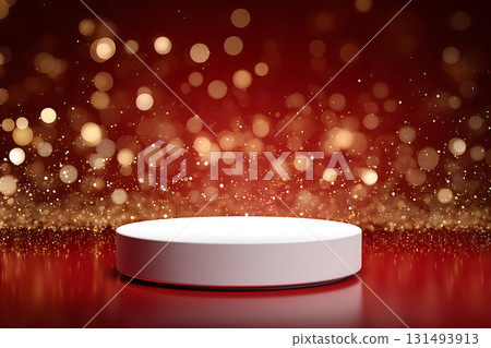 White pedestal is on a red background with a lot of sparkles 131493913
