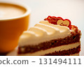 Homemade cake Red Velvet decorated with cream and cup of coffee 131494111