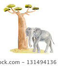 Hand-painted watercolor illustration of a majestic elephant and a baobab tree with lush green foliage standing on green grass 131494136
