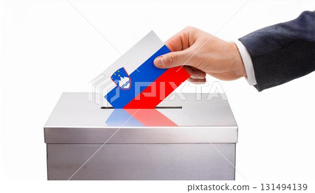 Hand voting ballot and ballot box with flag of Slovenia. Election. 131494139