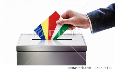 Hand voting ballot paper and ballot box with flag of Seychelles. Election. 131494140