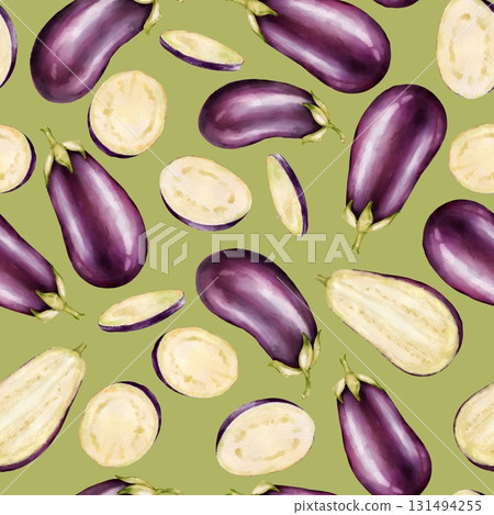 Seamless pattern featuring whole purple eggplants, halves, and cross sections scattered over olive green background 131494255