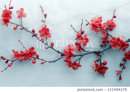 白色背景上盛開的紅梅枝和花朵的日式背景 131494276