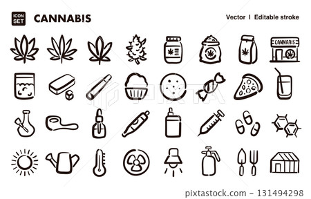 Cannabis, marijuana hand-drawn icon illustration set. EPS version can be edited to change line thickness, etc. 131494298
