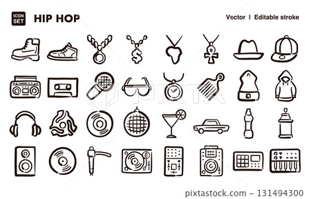 嘻哈手繪圖示插畫集。 EPS 版本可編輯以變更線條粗細等。 131494300