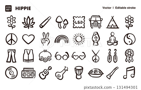 嬉皮文化手繪圖示插畫集。 EPS版本可編輯以變更線條粗細等。 131494301