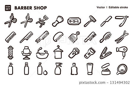 理髮店,手繪圖示插圖集。 EPS 版本可編輯以變更線條粗細等。 理髮店,手繪圖示插圖集。 EPS 版本可編輯以變更線條粗細等。 131494302