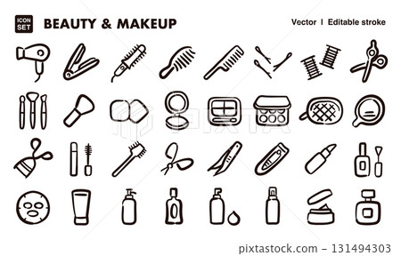 Hand-drawn icon illustration set of beauty and makeup tools. EPS version can be edited to change line thickness, etc. 131494303