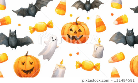 Colorful Halloween illustration featuring pumpkins, bats, ghosts, and candy on a white background, perfect for festive seasonal designs and decorations 131494591