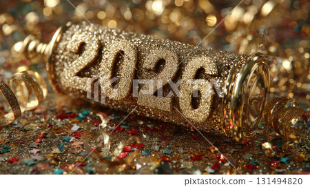 Golden glittery numbers 2026 on festive background with confetti and ribbons, creating celebratory atmosphere Golden glittery numbers 2026 on festive background with confetti and ribbons, creating celebratory atmosphere 131494820