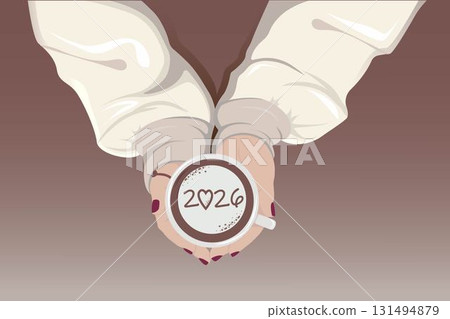 New year 2026 celebrated coffee cup with number 2026 on frothy surface of cappuccino in white cup holding by woman in light sweater, vector illustration New year 2026 celebrated coffee cup with number 2026 on frothy surface of cappuccino in white cup holding by woman in light sweater, vector illustration 131494879