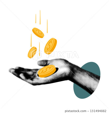 A trendy halftone collage element. A cut-out hand with money falling into it, a modern vector illustration with a vintage dotted texture. Mixed-media design on a transparent background. A trendy halftone collage element. A cut-out hand with money falling into it, a modern vector illustration with a vintage dotted texture. Mixed-media design on a transparent background. 131494882
