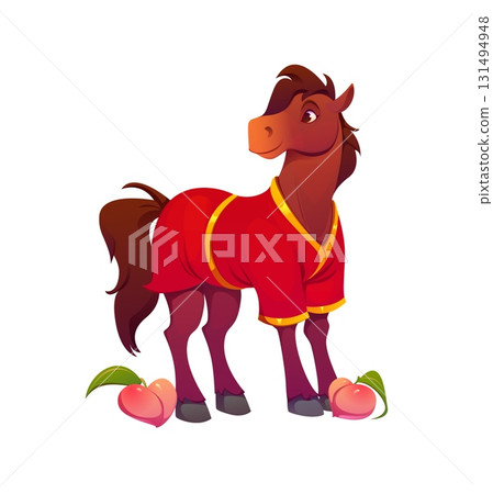 Chinese Lunar New Year cartoon horse character for holiday, vector animal symbol. Funny cartoon horse in Chinese traditional costume for lunar calendar luck symbol of New Year or CNY Asian holiday 131494948