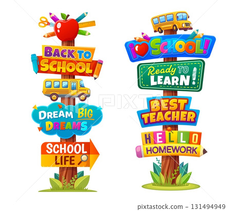 School sign boards or signboard signage for education and study, cartoon vector. Back to school signboard or signpost board with direction arrows to school bus, student stationery, and learning quotes School sign boards or signboard signage for education and study, cartoon vector. Back to school signboard or signpost board with direction arrows to school bus, student stationery, and learning quotes 131494949