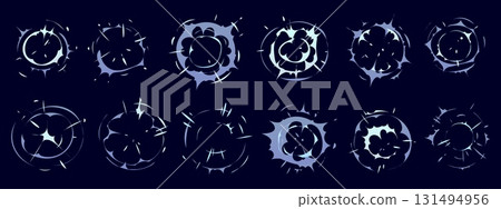 Explosion motion and fight cartoon comics effect. Vector exploded bomb burst, boom or blast comic effects and anime manga elements set with white smoke clouds, explosive speed motion and action lines 131494956