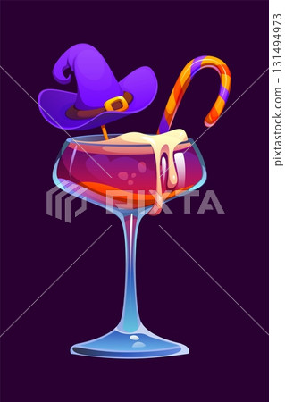 Halloween cocktail in a glass with a purple witch hat, striped candy cane, and dripping cream topping. Isolated cartoon vector spooky and festive drink, bar menu beverage for spooktacular party night Halloween cocktail in a glass with a purple witch hat, striped candy cane, and dripping cream topping. Isolated cartoon vector spooky and festive drink, bar menu beverage for spooktacular party night 131494973