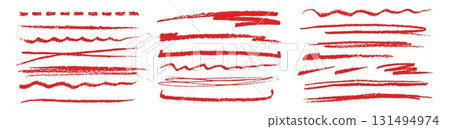 Hand drawn doodle red crayon pencil highlight and underline lines. Dynamic vector set of marker scribbles and strokes textures and patterns. Templates for highlighting text, creating visual emphasis 131494974