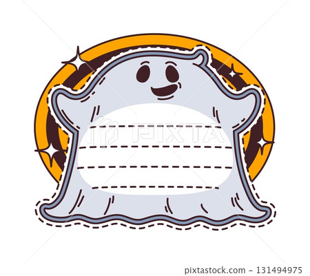 Halloween holiday ghost kids memo note template. Halloween spooky to do list label, kids creepy diary vector memo note. Autumn holiday scrapbook frame, child sticker with funny ghost spirit character 131494975