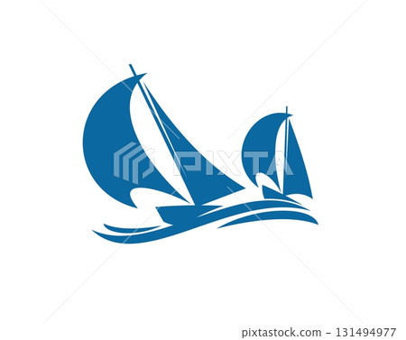 Sail yachts regatta icon. Vector two minimalist sailboats gliding across blue ocean waves. Emblem with water vessels emphasizes motion, freedom and nautical elegance for marine club or sea travel Sail yachts regatta icon. Vector two minimalist sailboats gliding across blue ocean waves. Emblem with water vessels emphasizes motion, freedom and nautical elegance for marine club or sea travel 131494977