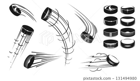 Ice hockey puck motion with dynamic streak effects, speed lines, rotations and energy trails, emphasizing sports, fast paced action and competition. Vector set of moving black and white hockey pucks 131494980