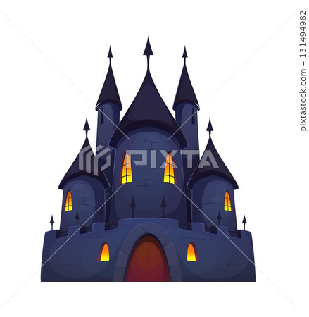 Cartoon Halloween haunted castle with glowing orange windows and tall pointed towers. Isolated vector scary fantasy spooky palace, medieval gothic building architecture. Dark mysterious fortress Cartoon Halloween haunted castle with glowing orange windows and tall pointed towers. Isolated vector scary fantasy spooky palace, medieval gothic building architecture. Dark mysterious fortress 131494982