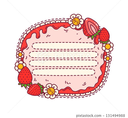 Ripe red strawberry kids memo note frame. Cute blank label with space for writing. Cartoon vector border decorated with red berries, sweet dripping jam and flowers, for recipes, jars notes or messages 131494988