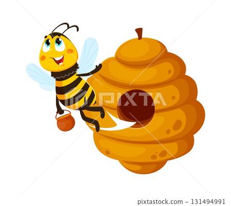 Flying out from beehive honey bee insect character. Bumblebee baby cute cartoon character, honeybee bug cheerful vector character. Working bee insect funny isolated personage collecting honey 131494991