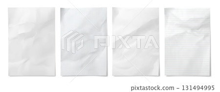 Wrinkle crumbled folded paper sheets. Wrinkled blank, grid and lined pages for planning, brainstorming, note taking or educational projects, creativity and drafts. Realistic 3d vector paper templates Wrinkle crumbled folded paper sheets. Wrinkled blank, grid and lined pages for planning, brainstorming, note taking or educational projects, creativity and drafts. Realistic 3d vector paper templates 131494995
