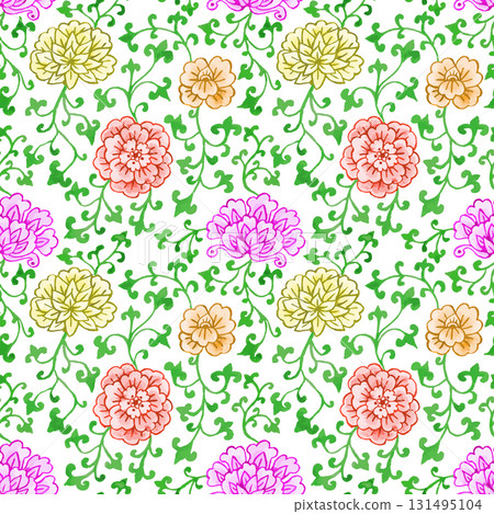 Watercolor style chinoiserie seamless pattern with pink flowers and green leaves Watercolor style chinoiserie seamless pattern with pink flowers and green leaves 131495104