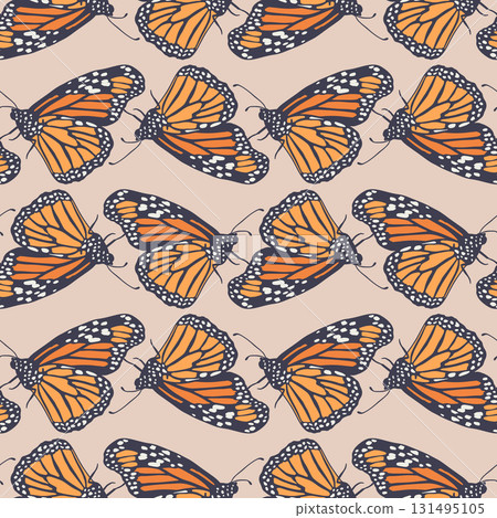 Vintage seamless pattern with hand drawn orange monarch butterflies on brown background Vintage seamless pattern with hand drawn orange monarch butterflies on brown background 131495105