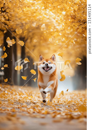 A smiling Shiba Inu walking along a road lined with yellow ginkgo trees 131495114