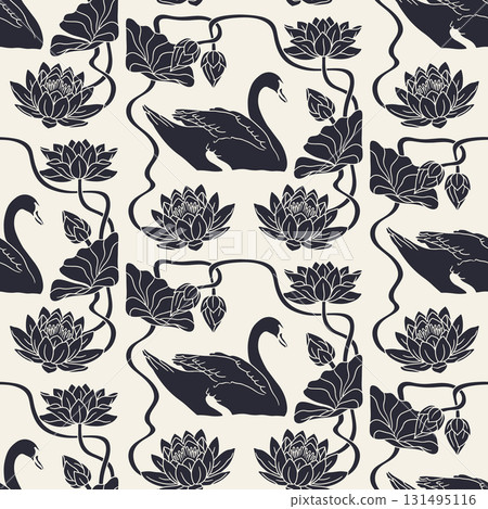 Vintage art nouveau style hand drawn swan swimming in lake with lotus flowers black and white damask seamless pattern 131495116