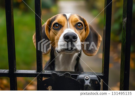 一隻小獵犬悲傷的目光從籬笆的另一邊窺視 131495135