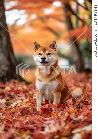 一隻柴犬靜靜地站在秋葉的包圍中 131495143
