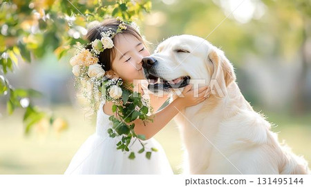 微笑的女孩輕輕地將臉頰靠在她的拉布拉多犬身上 131495144