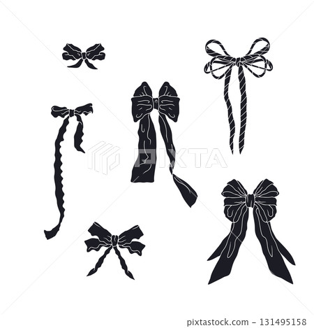 Cute hand drawn fancy bow knots black silhouettes bundle isolated on white background. Pretty vintage monochrome coquettes se Cute hand drawn fancy bow knots black silhouettes bundle isolated on white background. Pretty vintage monochrome coquettes se 131495158