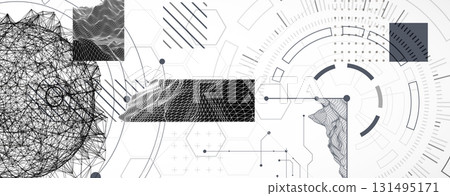 Technological art. Combination of sphere with technological lines and circles in one illustration. 131495171