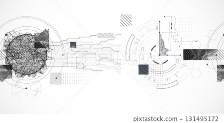 Technological art. Combination of sphere with technological lines and circles in one illustration. 131495172
