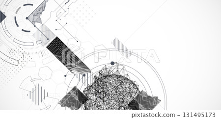 Technological art. Combination of sphere with technological lines and circles in one illustration. 131495173