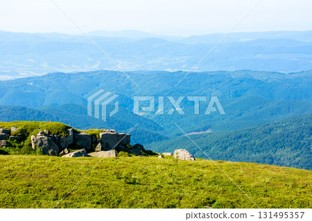 mountain landscape with beautiful view on alps in summer. green alpine meadow under blue sky on a sunny day. idyllic scenery in carpathian mountains with grassy rolling hills on morning fresh mountain landscape with beautiful view on alps in summer. green alpine meadow under blue sky on a sunny day. idyllic scenery in carpathian mountains with grassy rolling hills on morning fresh 131495357